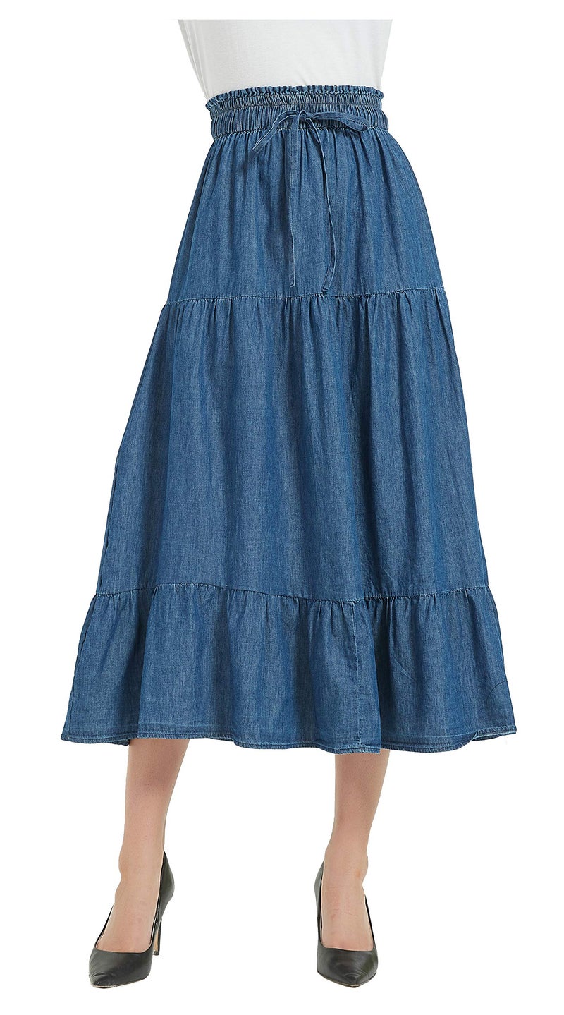 Tronjori Womens A Line Long Midi Chino Denim Skirt Tired Pleated Layers Elastic Waist Front Drawstring(S, Denim Blue) - Image 1
